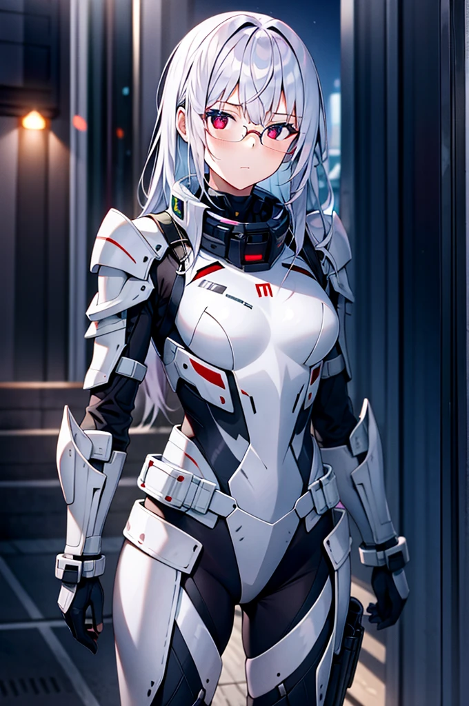 Masterpiece, solo, female, 1girl, 4k, standing, outdoor, white hair, white glasses, short, futuristic black soldier armor, cowboy shot's, Bokeh,red eyes, female soldier, bulletproof soldier armor, flat breast, flat chest, mature women, space soldier armor, guns holster 