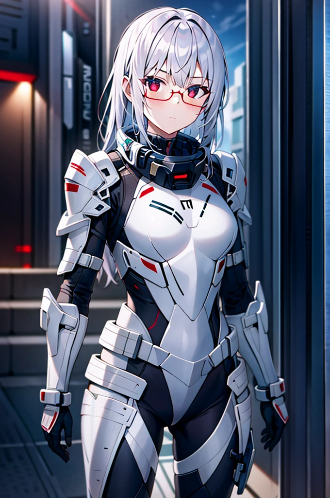 Masterpiece, solo, female, 1girl, 4k, standing, outdoor, white hair, white glasses, short, futuristic black soldier armor, cowboy shot's, Bokeh,red eyes, female soldier, bulletproof soldier armor, flat breast, flat chest, mature women, space soldier armor, guns holster