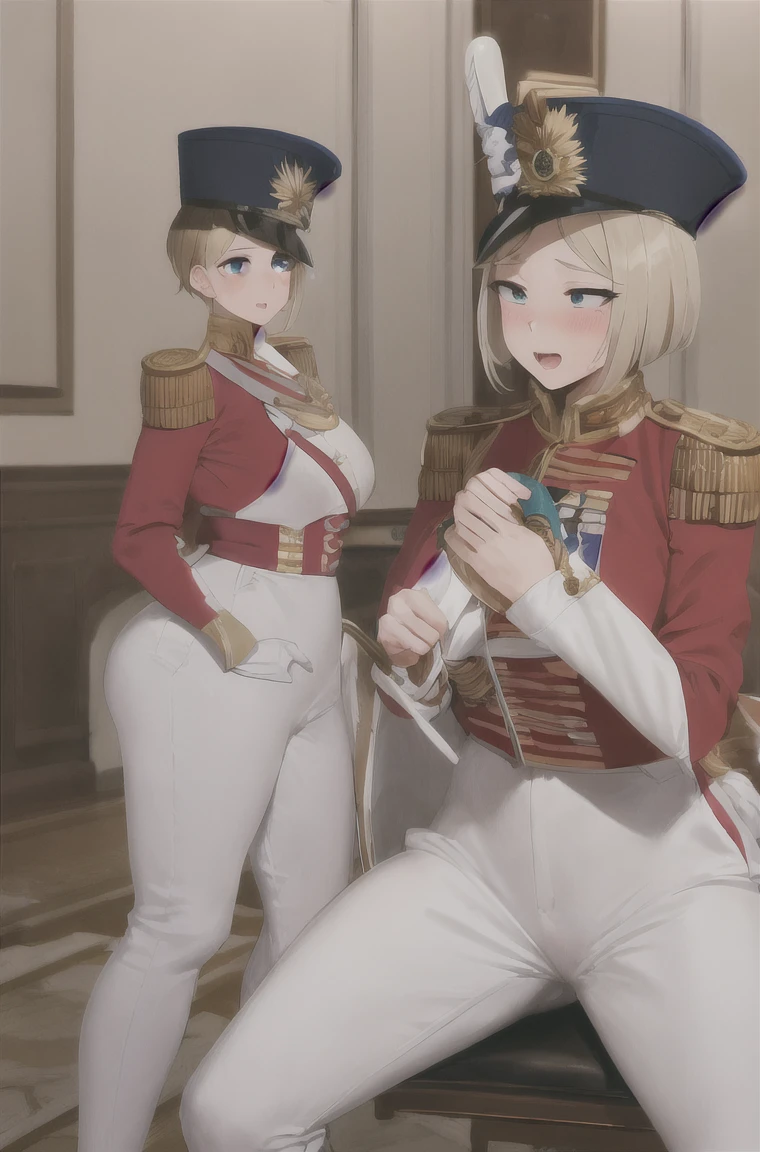 masterpiece, Highest quality, Highest Resolution, Very detailed, One Girl, army_uniform, uniform, Sitting, have, Epaulettes ,army, white_pants, Blue_Jacket,shako have,Napoleon, Infantry Regiment,青 coat, 青 and white hackle, 青 and white plume, Blonde Bob Cut, 青 eyes, Conceit, Apply blush all over the face, Large Breasts, slightly larger hips, Tight waist, In the room,pussy,濡れたPussy、Love juice,Big Breasts,Excited,Pussy,Pussy
