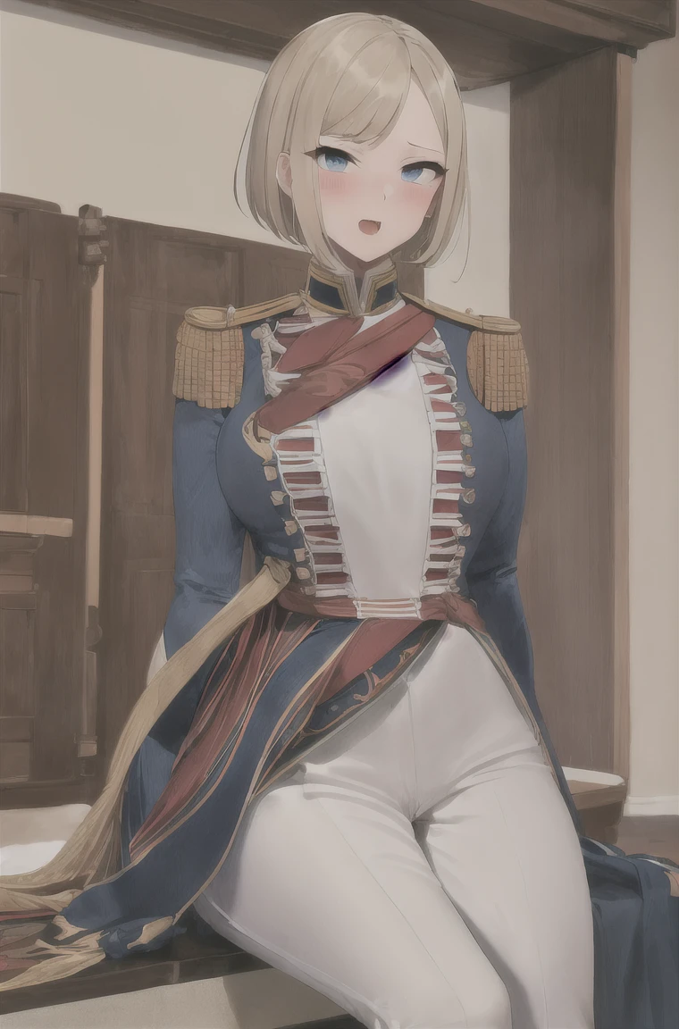 masterpiece, Highest quality, Highest Resolution, Very detailed, One Girl, army_uniform, uniform, Sitting, have, Epaulettes ,army, white_pants, Blue_Jacket,shako have,Napoleon, Infantry Regiment,青 coat, 青 and white hackle, 青 and white plume, Blonde Bob Cut, 青 eyes, Conceit, Apply blush all over the face, Large Breasts, slightly larger hips, Tight waist, In the room,pussy,濡れたPussy、Love juice,Big Breasts,Excited,Pussy,Pussy