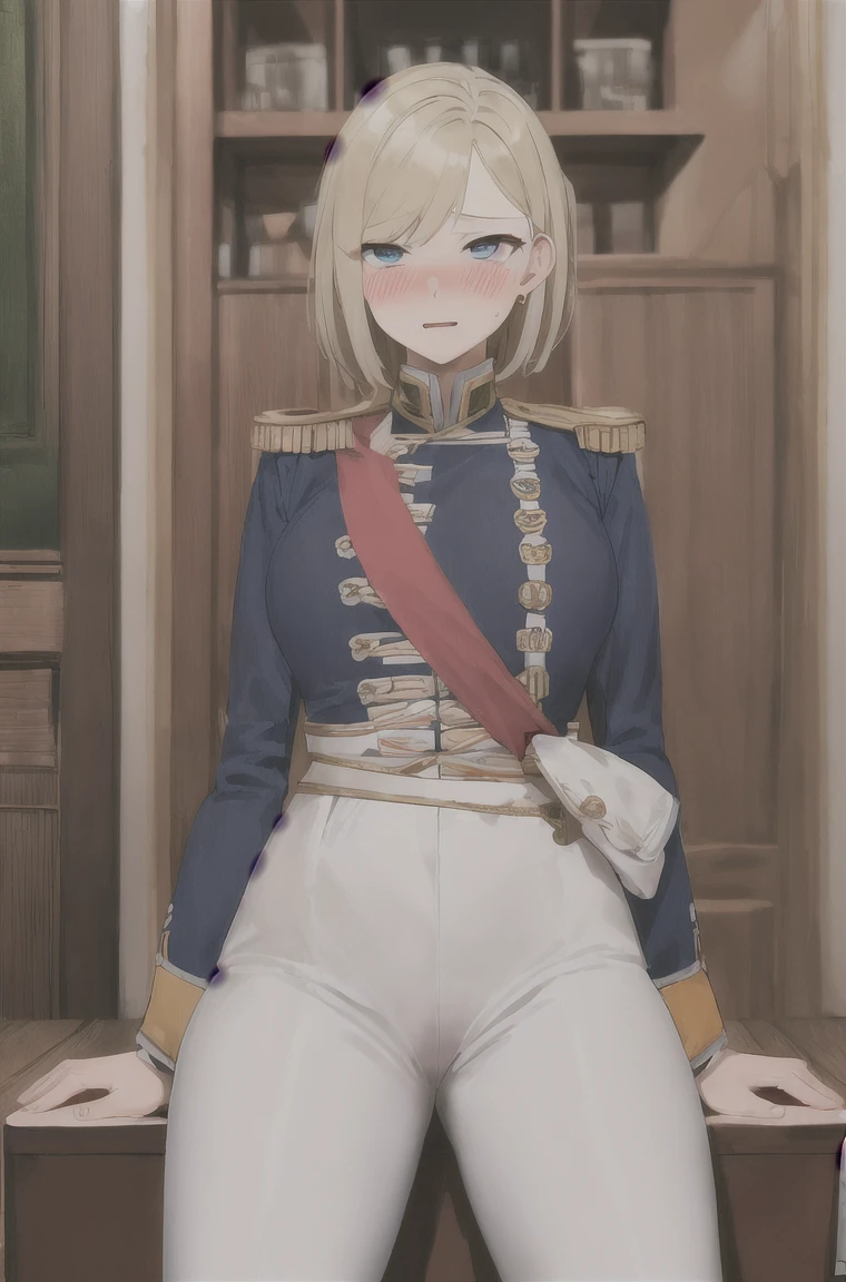 masterpiece, Highest quality, Highest Resolution, Very detailed, One Girl, army_uniform, uniform, Sitting, have, Epaulettes ,army, white_pants, Blue_Jacket,shako have,Napoleon, Infantry Regiment,青 coat, 青 and white hackle, 青 and white plume, Blonde Bob Cut, 青 eyes, Conceit, Apply blush all over the face, Large Breasts, slightly larger hips, Tight waist, In the room,pussy,濡れたPussy、Love juice,Big Breasts,Excited,Pussy,Pussy