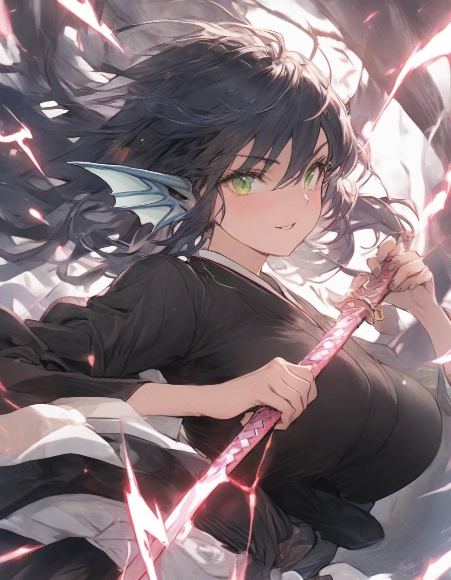 ,(black and white manga style:1.1),snap shot,red katana,fighting stance,(holding huge katana:1.3),,no pattern kimono,(black kimono:1.5),samurai,,,{{{Huge breasts}}},,,,,,long skirt, brooches,Blue brooch,,(dark Blue hair:1.21),gradient_hair,( Green eyes:1.25),hair_ornament detached ,,Very Long Ponytail, poneyTail,, (head fins:1.25),、stormy、lightning bolt,1gitl,