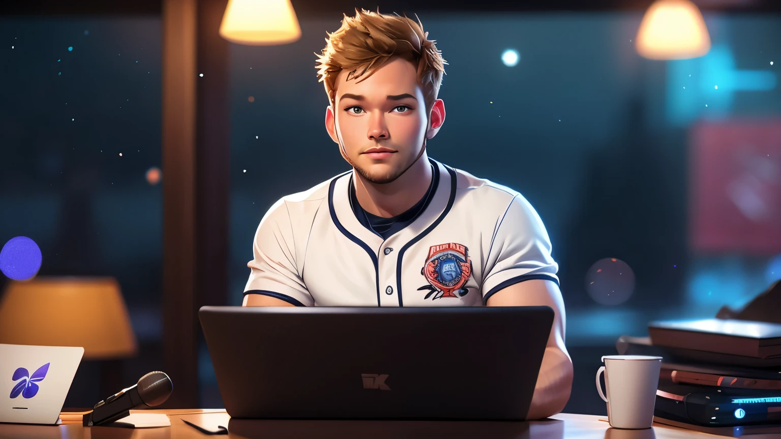 ARAFED handsome guy in a baseball jersey , news broadcaster ,sitting in front of a laptop, body facing the viewer , twitch streamer / gamer ludwig , portrait of Chris Pratt , mid shot portrait, streaming on twitch, at night, portrait shot 8 k.