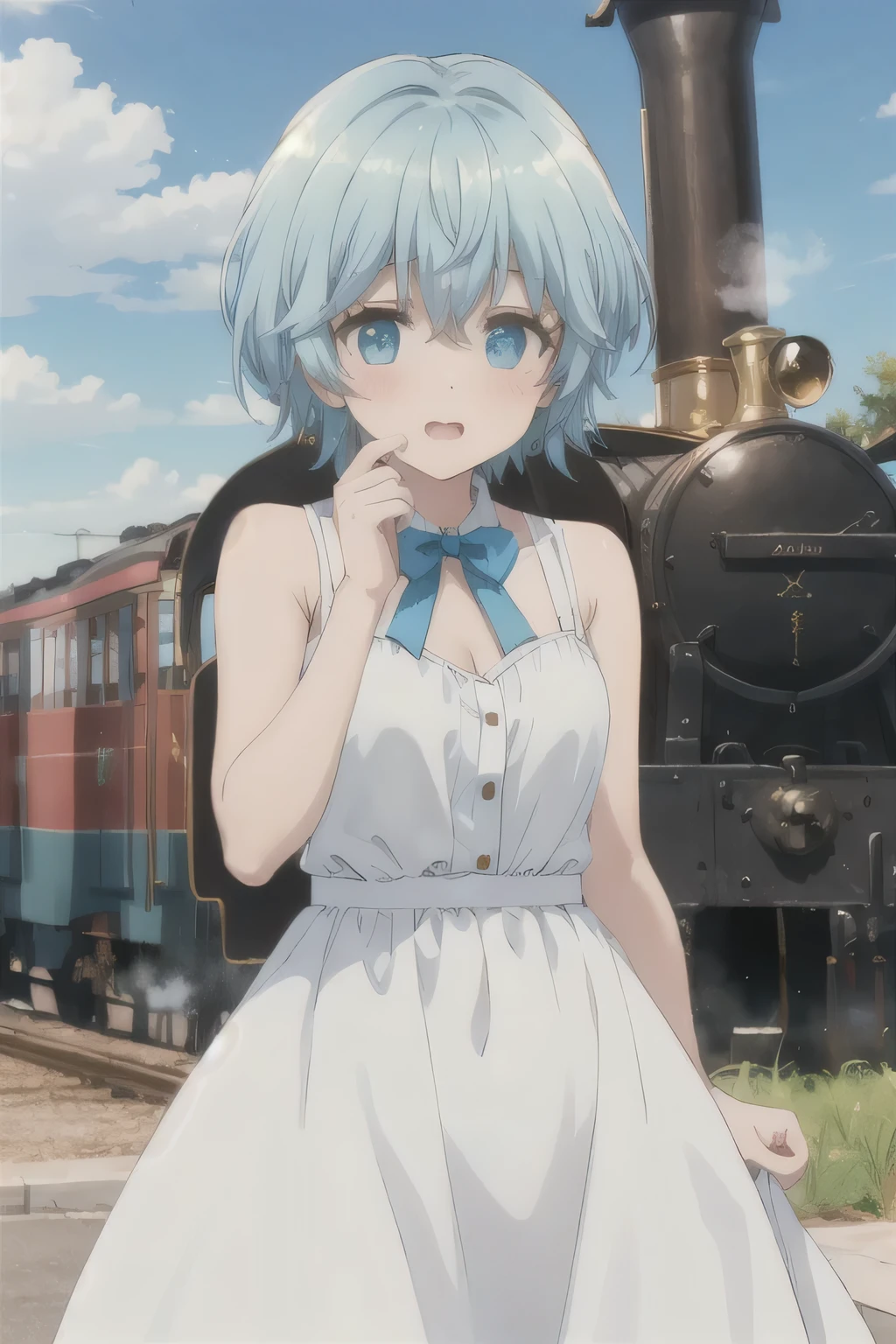 short hair，Blue Hair，White Dress，Acting cute，steam train，The skirt flew up