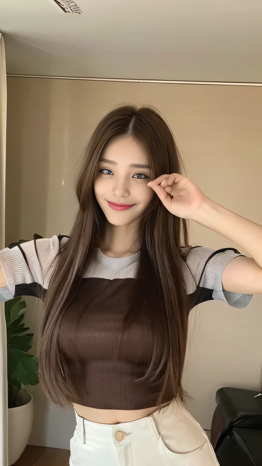 seed:2020674263.((Full body angle:1.1)).((Highest quality, 8k, masterpiece:1.3)), ((from below:1.1)).concentrated:1.2, Perfect body beauty:1.4, Hips:1.2, ((Delicate Hair)), (Vibrant color block short sleeve crop top for women,Shorts :1.1) , ((Highest quality、8k、masterpiece:1.3))、1 Girl、A sloppy smile、Esbian all over body、Slim face、Big 、Beautiful woman、(Dark Brown Hair)、Long Hair、1.1、Flickering Valley、Detailed eyes、double eyelid、Blurred Background、超Slim face、Smile、Looking down、stroll