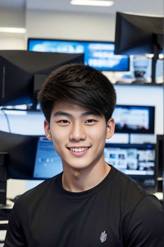 ((realistic daylight)) , Young Korean man in only a black sports shirt, no stripes, and jeans., A handsome, muscular young Asian man looks at the camera.  , In a computer shop ,turn sideways, smile