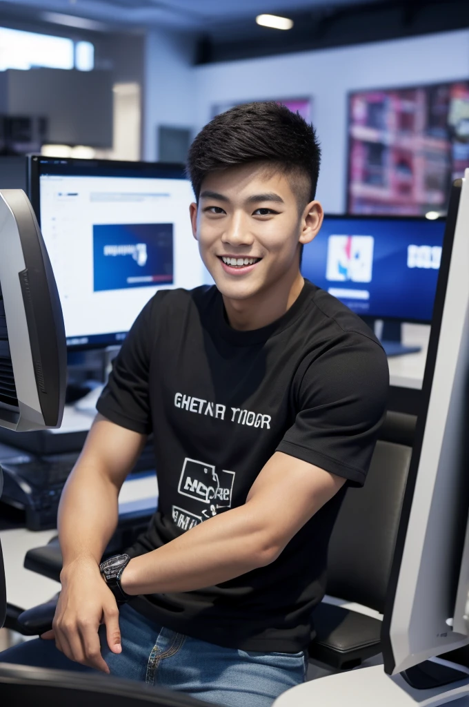 ((realistic daylight)) , Young Korean man in only a black sports shirt, no stripes, and jeans., A handsome, muscular young Asian man looks at the camera. , In a computer shop ,turn sideways, smile