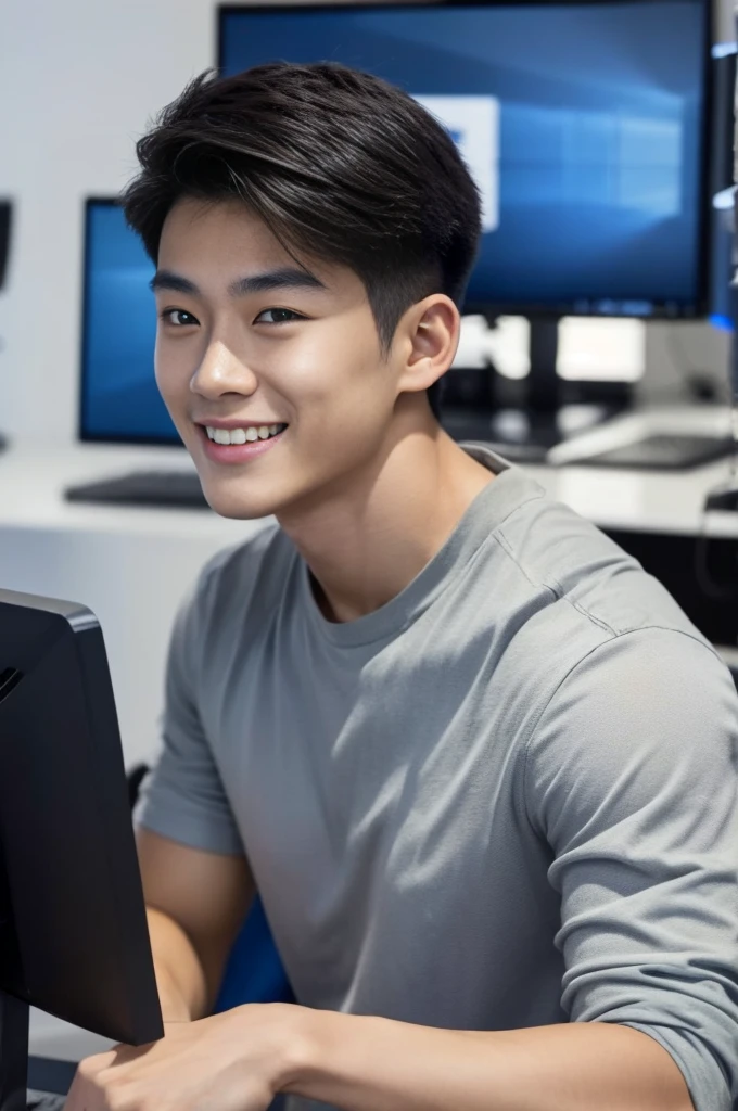 ((realistic daylight)) , Young Korean man in only a black sports shirt, no stripes, and jeans., A handsome, muscular young Asian man looks at the camera. , In a computer shop ,turn sideways, smile
