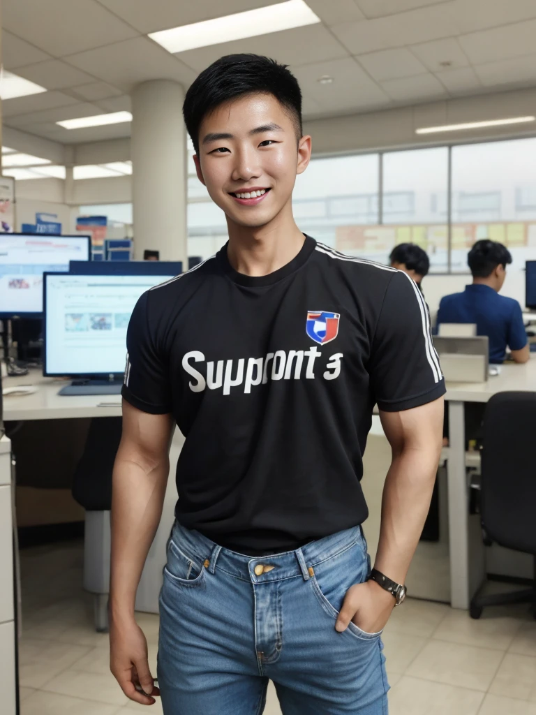 ((realistic daylight)) , Young Korean man in only a black sports shirt, no stripes, and jeans., A handsome, muscular young Asian man looks at the camera.  , In a computer shop ,turn sideways, smile