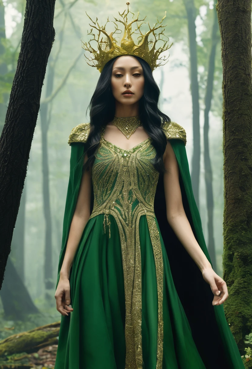 a dark sect in the forest, with a goddess with a diamond crown and a woman levitating, green clothes with golden gold, the destroyed trees
