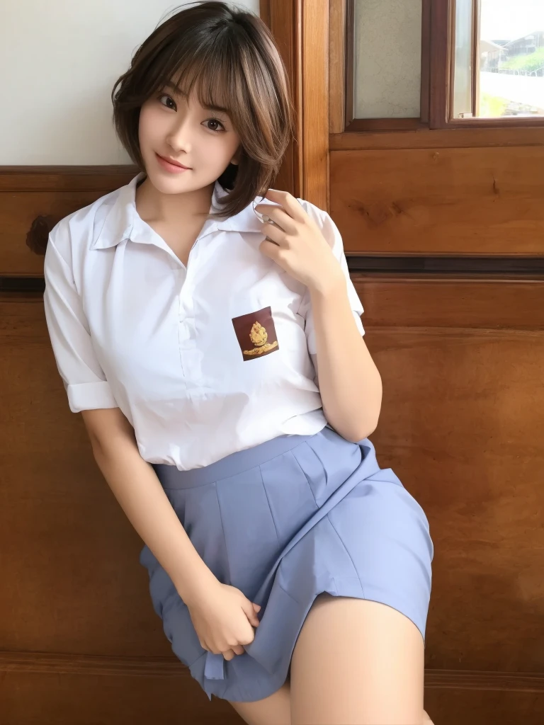 masterpiece、Highest quality、High resolution、Tabletop、wallpaper、Realistic、Bright lighting、Professional Lighting、Face Light、Smooth lighting、Japanese women、Adult、Beautiful woman、action、gravure、sexy、so beautiful、Beautiful Skin、Beautiful and detailed、Detailed face、semi-curvy、moderately、short hair、Brunette Hair、Brown eyes、Looking into the camera、Large Breasts、indonesian highschool uniform、Tropical Beach