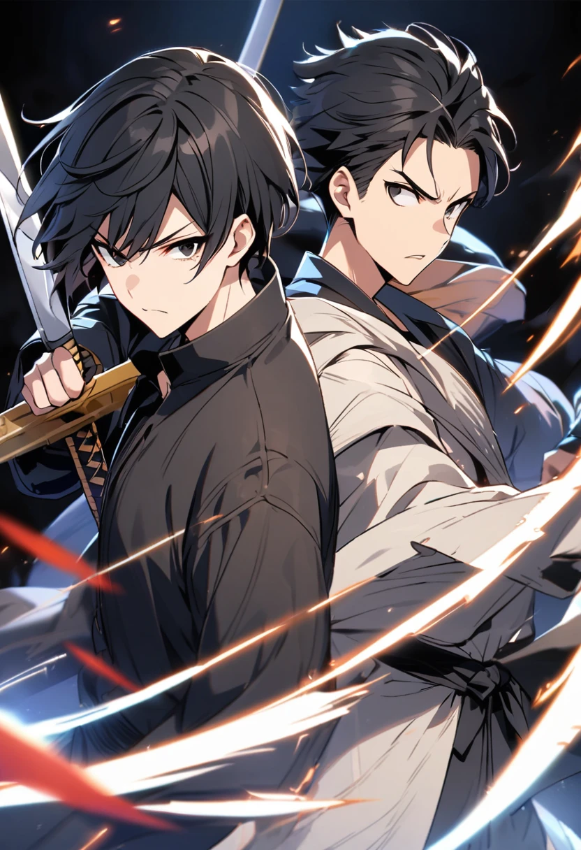 With two people, Back to Back、 short hair, Black Hair, Black eyes,,Chopped Robe、 Lots of power,Sword Fighting