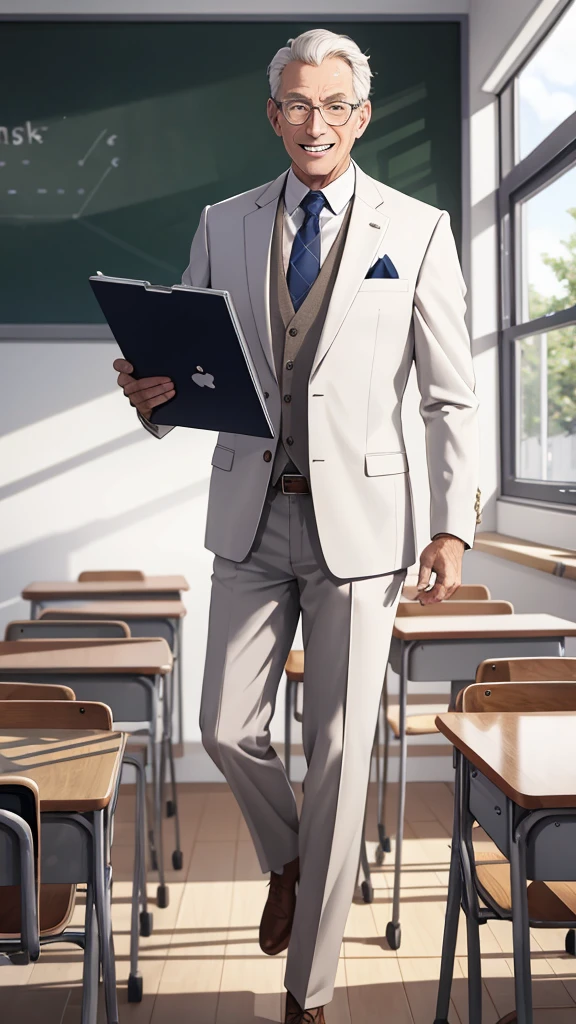 Ridiculous resolution,high resolutionaster-piece:1.4),ultra-detailiddle-aged male teacher,White suit,classroom,Happy expression,tuition