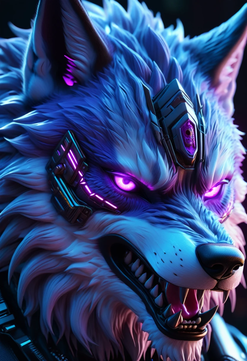 a cyberpunk wolf head, detailed digital art, purple color, sharp teeth, glowing eyes, neon lights, metallic textures, highly detailed, hyper-realistic, cinematic lighting, 8k, award winning, professional, photorealistic