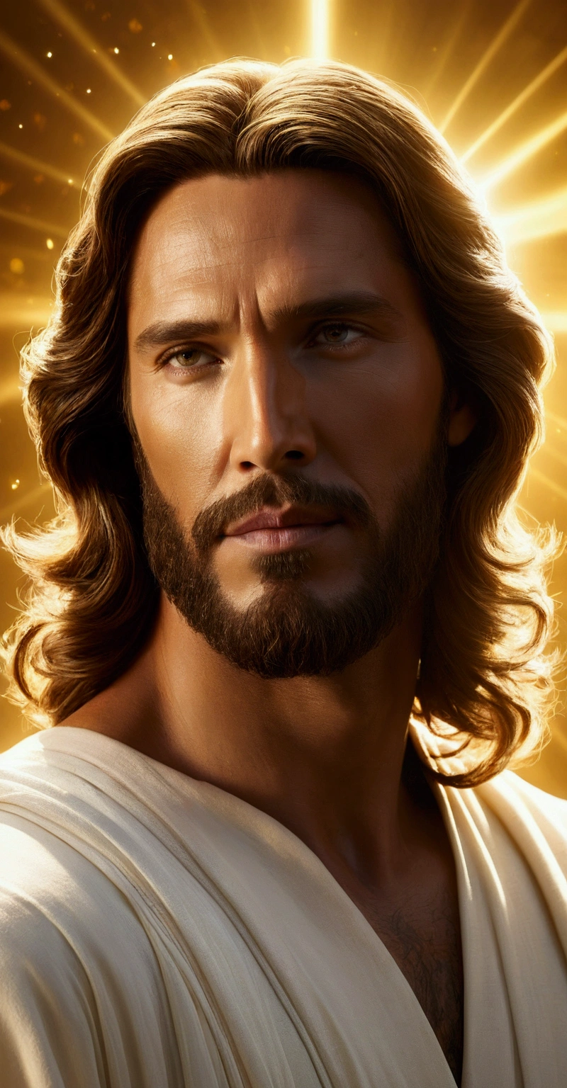 A captivating cinematic-style photograph of
Against an absolute black background, the figure of Jesus stands out, embracing a man with tenderness and compassion. Jesus, with wavy hair and a soft beard, exudes a divine aura, a soft and intense light that seems to emanate from his entire being, outlining his silhouette and that of the man he embraces. The divine light, with shades of white and gold, contrasts vividly with the surrounding darkness, creating a halo that softly illuminates their faces. The man, with an expression of relief and gratitude, is enveloped in the arms of Jesus, whose simple white clothing shines with the same celestial light, highlighting the purity and serenity of the moment.
.The image is bathed in a soft, golden light, creating a dramatic and moving atmosphere., photographic, cinematic, intricate details, perfect eyes, perfect skin, perfect face, 4k photorealistic, realistic image, dynamic lighting, hyper-detailed, ultra -realistic, realistic textures