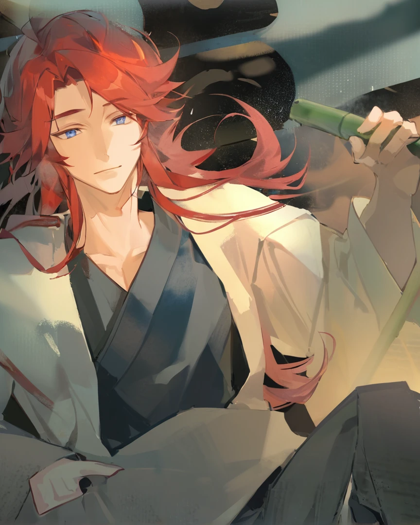 Red hair ancient style man,Strong male,White coat,Blue lining,Hold the scroll,bamboo背景,bamboo,Red fox