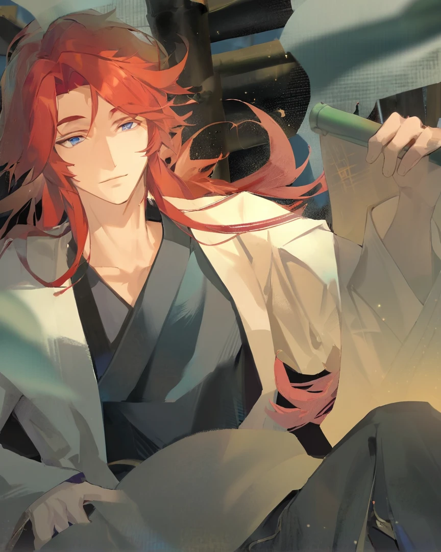 Red hair ancient style man，Strong male，White coat，Blue lining，Hold the scroll，bamboo背景，bamboo，Red fox