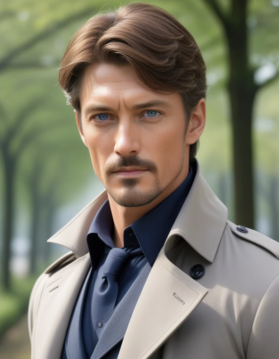 1man, mature male, parted bangs, medium-short hair, brown hair, muscular male celeb, short goatee, short mustache, indigo eyes, gentleman, elegant netori male, BREAK solo, white collared shirt, gray trench coat, black neck ribbon, in gentle sasaki style, visual novel, 2010s, extreme all detailed, masterpiece, best quality