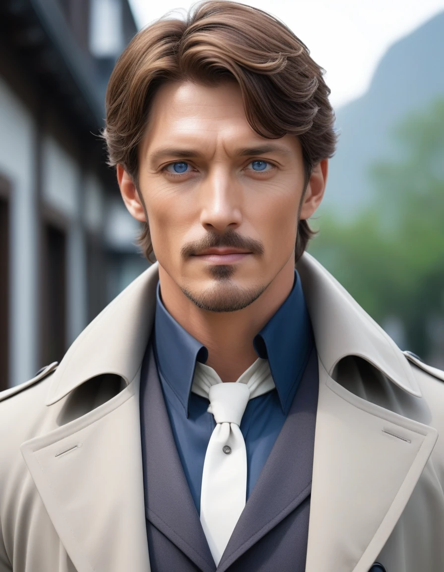 1man, mature male, parted bangs, medium-short hair, brown hair, muscular male celeb, short goatee, short mustache, indigo eyes, gentleman, elegant netori male, BREAK solo, white collared shirt, gray trench coat, black neck ribbon, in gentle sasaki style, visual novel, 2010s, extreme all detailed, masterpiece, best quality