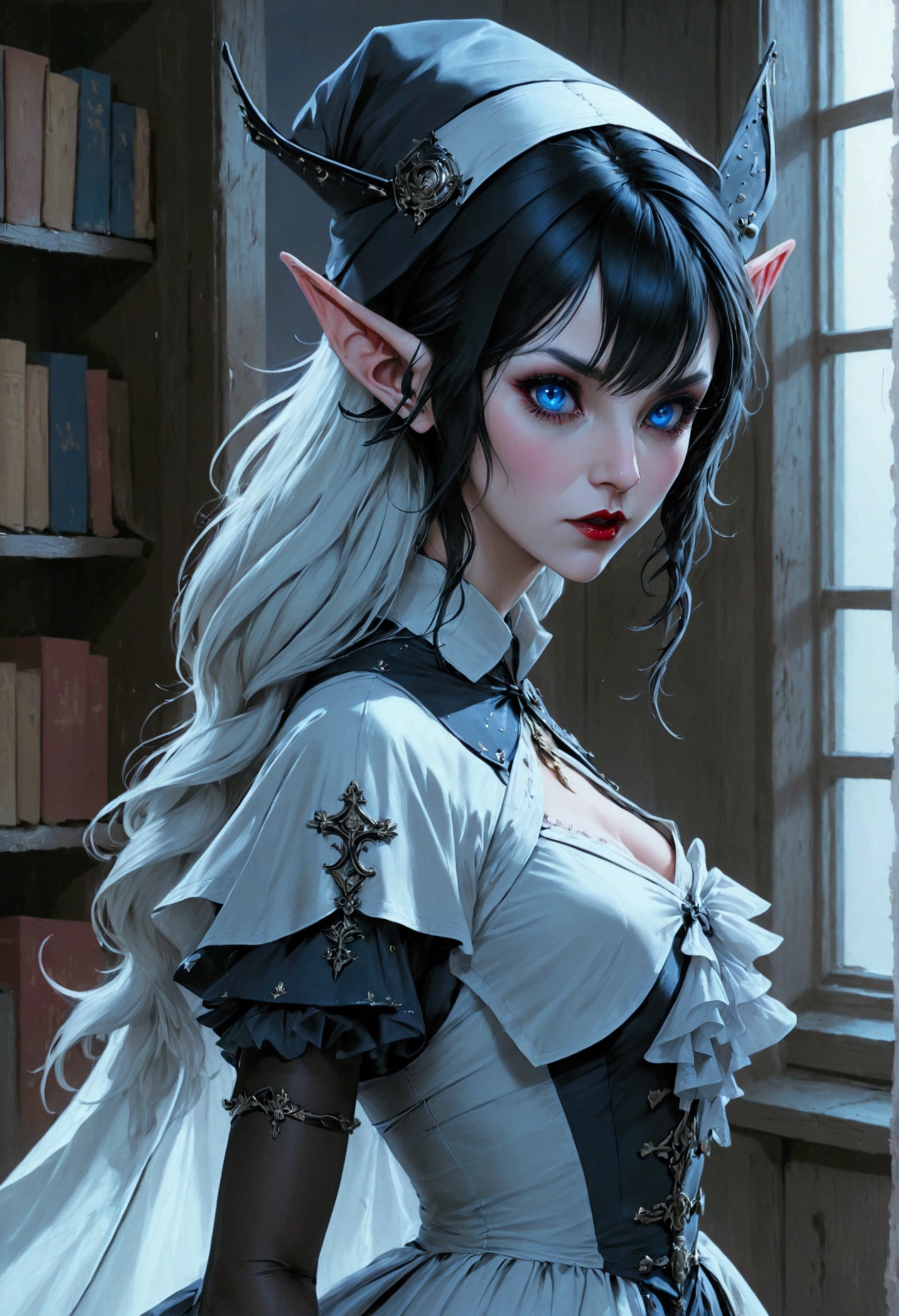 arafed a picture of elf vampire in her castle. an exquisite beautiful female elf vampire (ultra details, Masterpiece, best quality), bloody mouth, black hair, pale skin, hair in a ponytail, long hair, blue eyes, (small pointed ears: 1.3), cold eyes, smirking, wearing white dress (ultra details, Masterpiece, best quality), red cloak, in dark fantasy library, book shelves, arafed high details, best quality, 16k, [ultra detailed], masterpiece, best quality, (ultra detailed), full body, ultra wide shot, photorealism, RAW, dark fantasy art, gothic art, ArmoredDress, Dark Novel, Dark Art Painting Style, dripping blood, goth person, wearing Haute_Couture designer dress