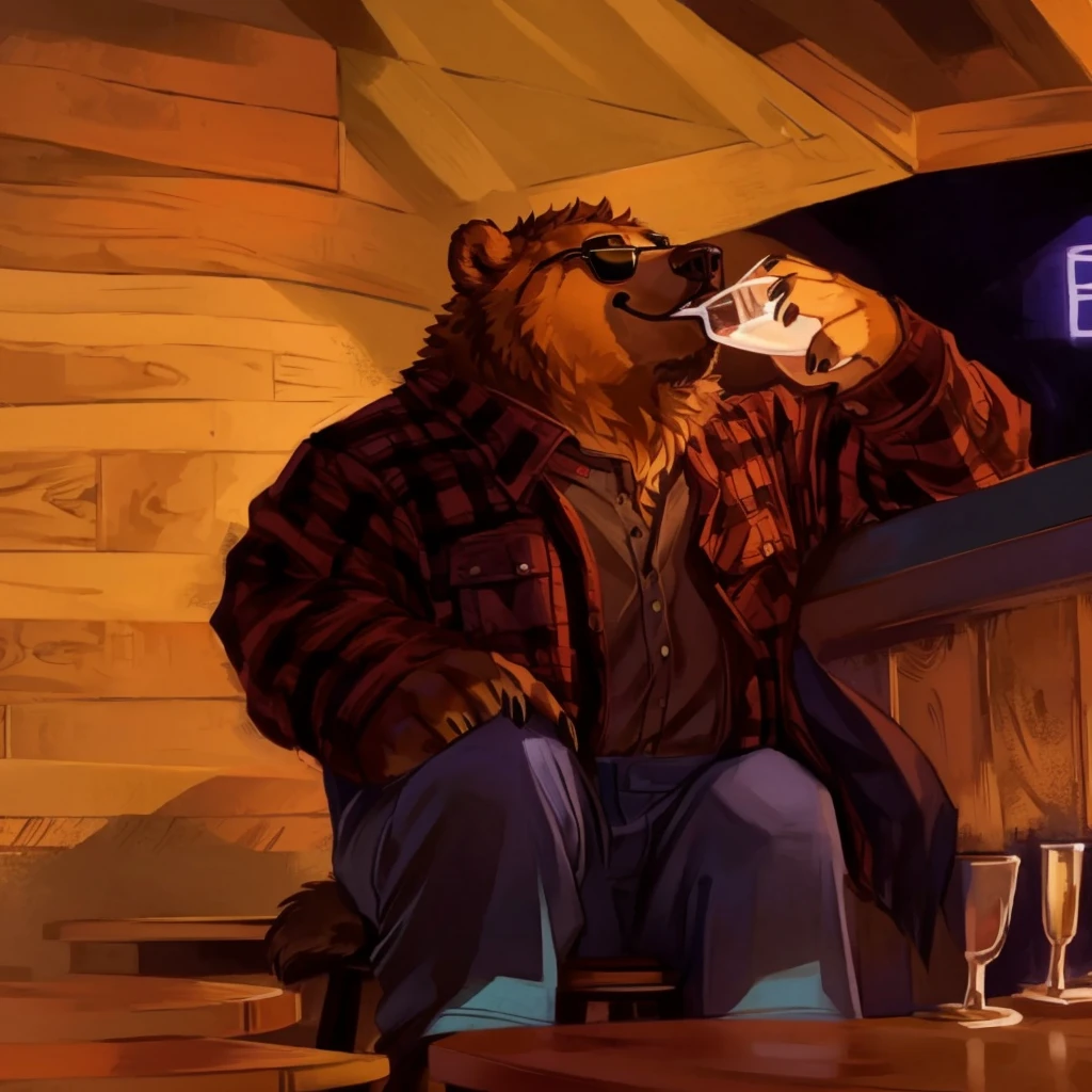 a grizzly bear, dressed with a lumberjack shirt, black sunglasses and blue trousers, drinking from a cup, seated on a wooden chair in a bar, high quality furry art.