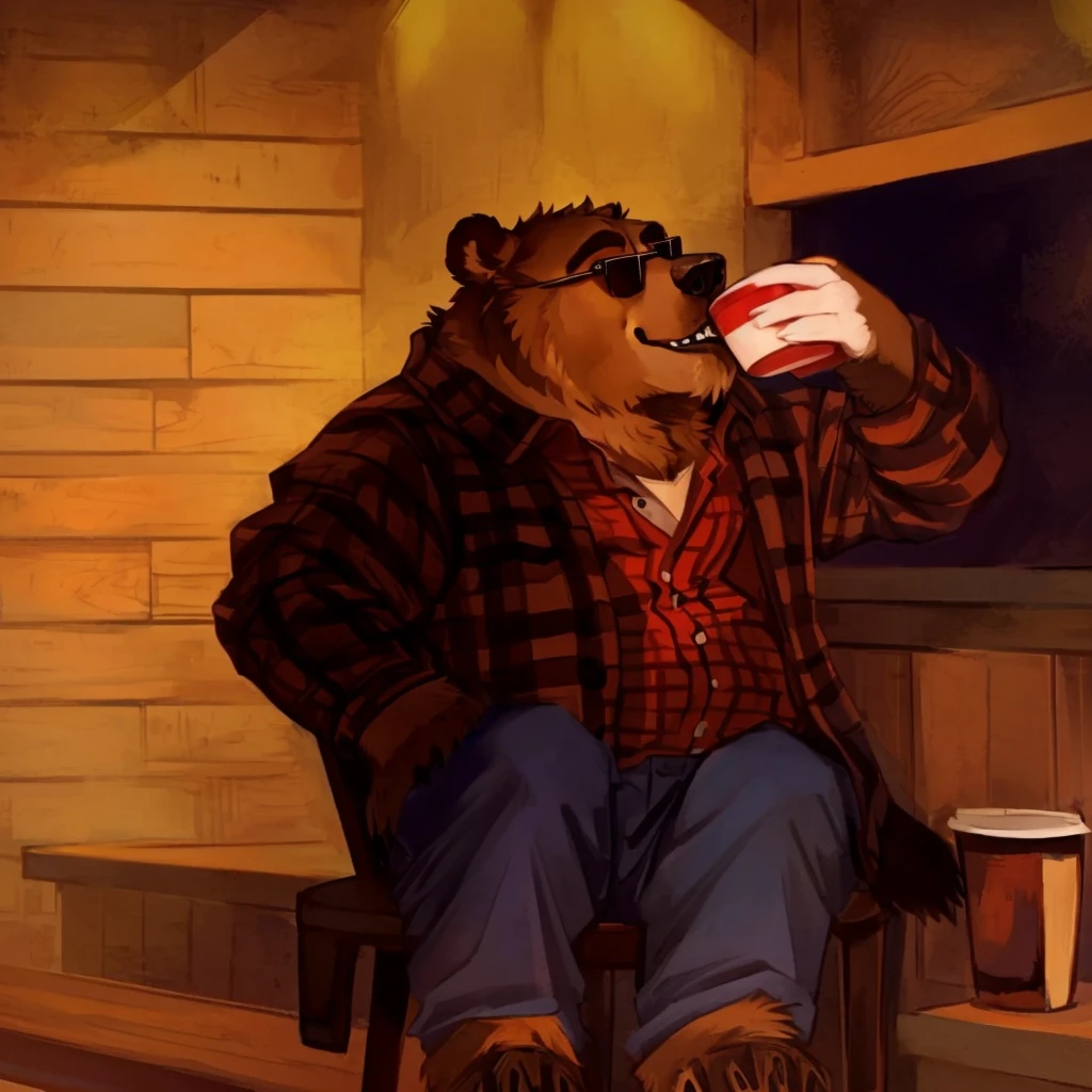 a grizzly bear, dressed with a lumberjack shirt, black sunglasses and blue trousers, drinking from a cup, seated on a wooden chair in a bar, high quality furry art.