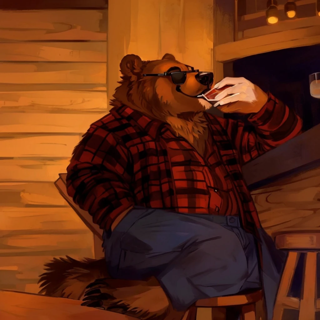 a grizzly bear, dressed with a lumberjack shirt, black sunglasses and blue trousers, drinking from a cup, seated on a wooden chair in a bar, high quality furry art.