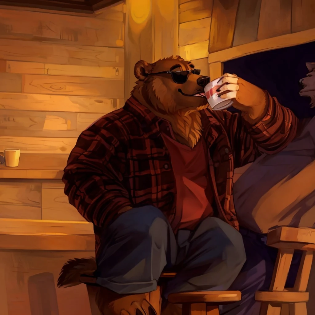 a grizzly bear, dressed with a lumberjack shirt, black sunglasses and blue trousers, drinking from a cup, seated on a wooden chair in a bar, high quality furry art.