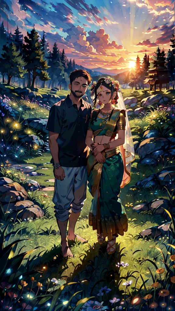 beautiful sunset, hindu temple, newly married south indian couple in traditional saree and doti outfit, decorative flower garland in thier neck, BREAK (masterpiece, best quality:1.2), outdoors, nature, forest, pines, grass, tall grass, detailed grass, plants, day, clouds, flower