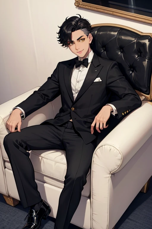 male, black short hair with silver highlights, yellow eyes, (((1boy))), (((black blazer))), (white dress shirt), (black pants), (black dress shoes), handsome, long legs, smiling, young