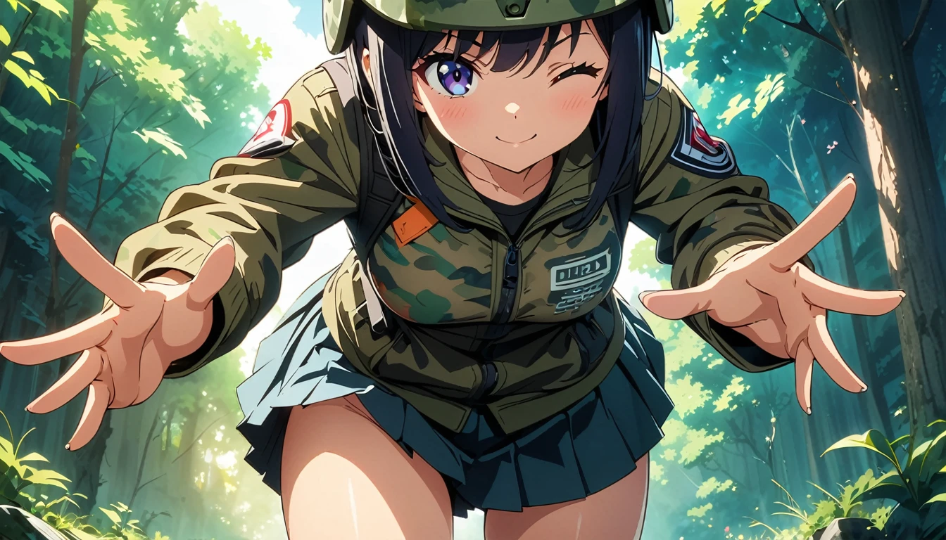 (anime artwork, anime style, studio anime, very detailed, up to date, vibrant, Anime Coloring, high contrast, masterpiece:1.2, best quality, best aesthetics),camouflage clothing,camouflage helmet, pleated skirt, Medium chest, A glimpse of thighs,random hair, One eye is hidden by the bangs, perfect proportions, high detail skin, Cute, detailed faces,forest, precise fingers,panty shot ,creeping forward