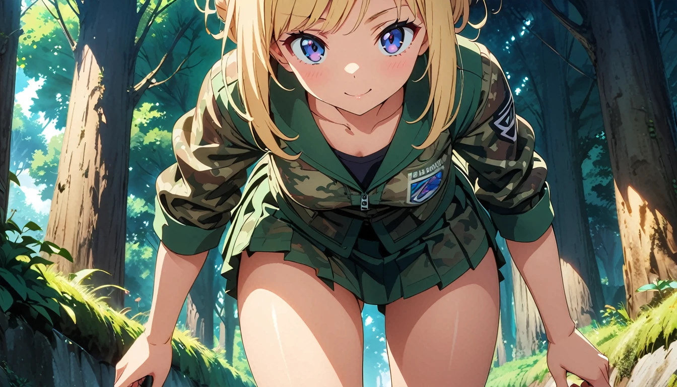 (anime artwork, anime style, studio anime, very detailed, up to date, vibrant, Anime Coloring, high contrast, masterpiece:1.2, best quality, best aesthetics),camouflage clothing,camouflage helmet, pleated skirt, Medium chest, A glimpse of thighs,random hair, One eye is hidden by the bangs, perfect proportions, high detail skin, Cute, detailed faces,forest, precise fingers,panty shot ,creeping forward
