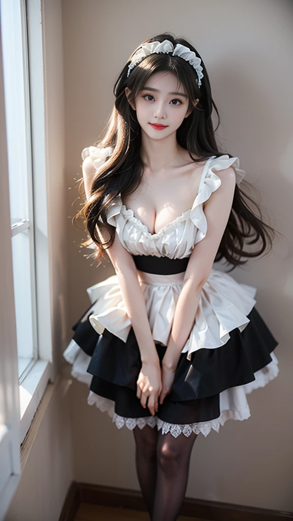 maid attire, black pantyhose, high heels, ((knee shot)), ((Shoot at random angles)), ((Visible cleavage)), ((E-cup)), ((I-type Valley)), ((Warm colors)), Long-range shooting, A beautiful woman，Elegant posture，Standing，Slender figure。Her legs are slender and straight，Cross placement，Forming a perfect diagonal composition。Head gently sideways，Long blond hair falls naturally，Gently brushing her shoulders。Soft colors，In stark contrast to her fair skin。The edge of the skirt ripples gently，As if swaying in the breeze。Her eyes were gentle，There is a faint smile on the lips。The whole picture looks very harmonious and beautiful