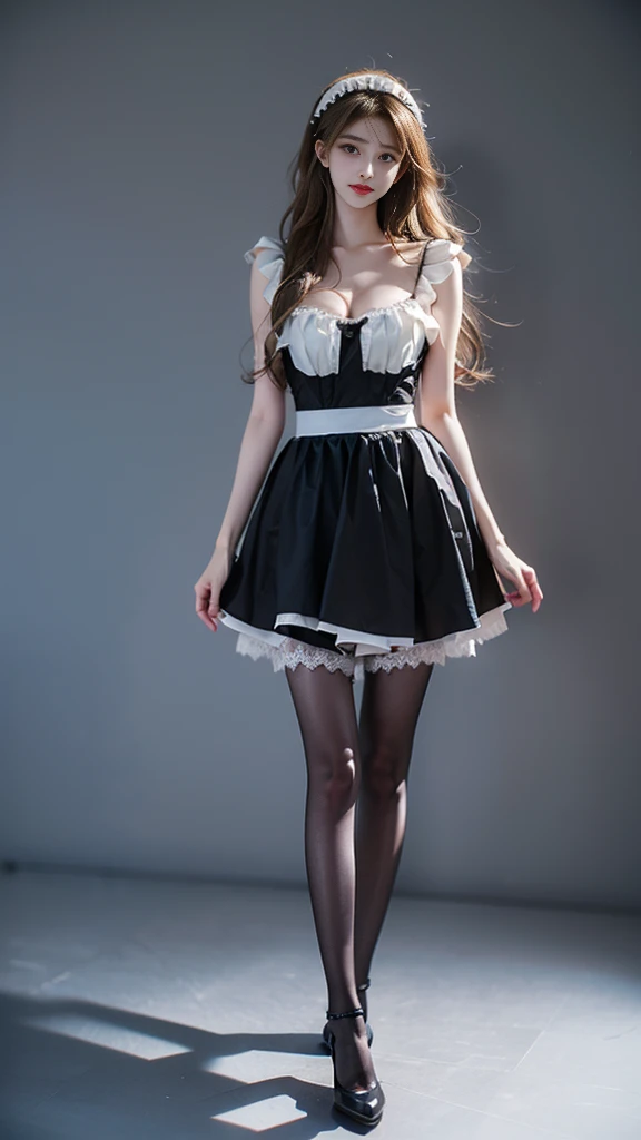 maid attire, black pantyhose, high heels, ((knee shot)), ((Shoot at random angles)), ((Visible cleavage)), ((E-cup)), ((I-type Valley)), ((Warm colors)), Long-range shooting, A beautiful woman,Elegant posture,Standing,Slender figure。Her legs are slender and straight,Cross placement,Forming a perfect diagonal composition。Head gently sideways,Long blond hair falls naturally,Gently brushing her shoulders。Soft colors,In stark contrast to her fair skin。The edge of the skirt ripples gently,As if swaying in the breeze。Her eyes were gentle,There is a faint smile on the lips。The whole picture looks very harmonious and beautiful