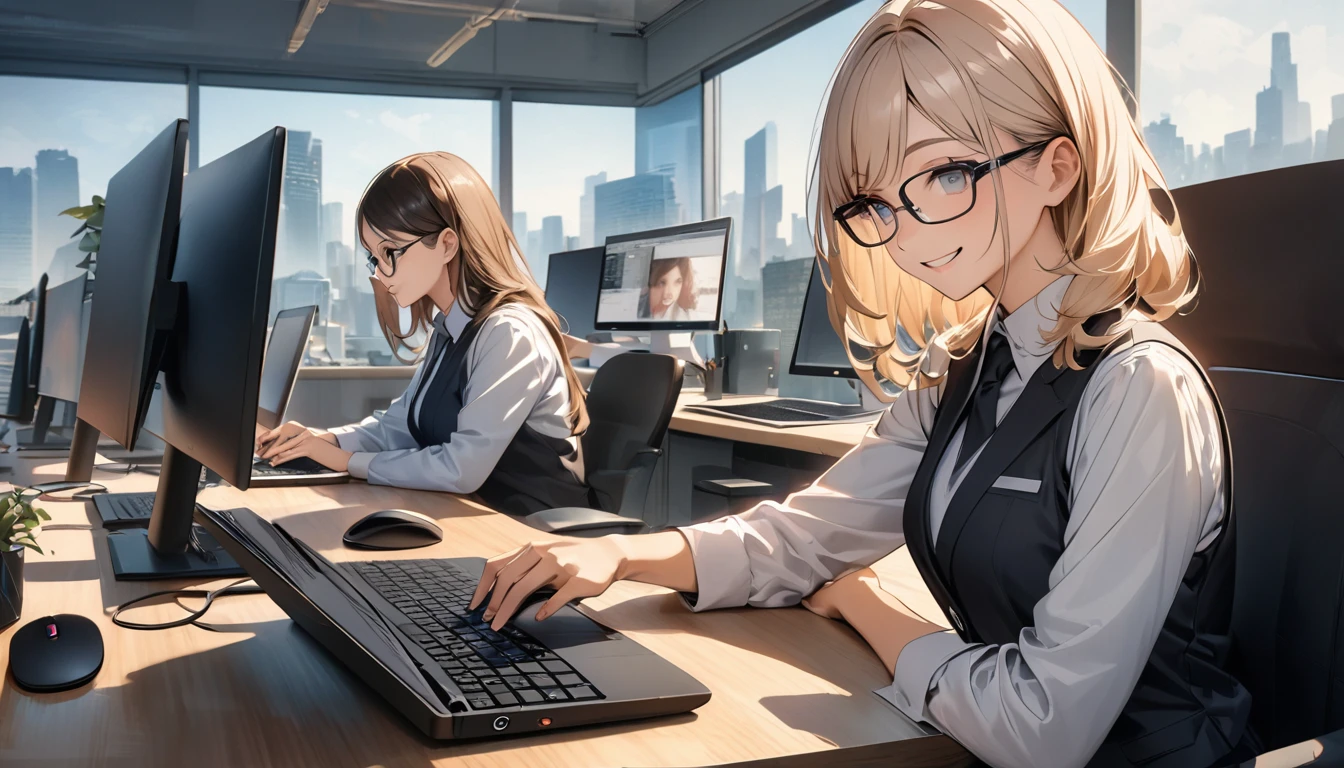 Office workers working on a computer,Portraiture,Professional,Wearing a smart suit,Stylish glasses,Typing on a sleek laptop,Use a wireless mouse,Sitting at a modern desk,Smile confidently,City skyline in the background,Soft natural light,High resolution,High resolution,Very detailed.