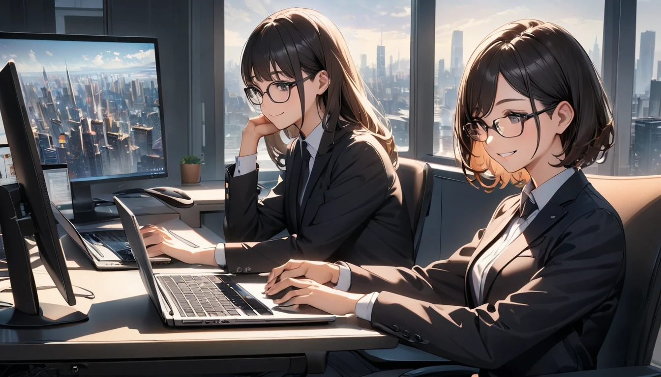 Office workers working on a computer,Portraiture,Professional,Wearing a smart suit,Stylish glasses,Typing on a sleek laptop,Use a wireless mouse,Sitting at a modern desk,Smile confidently,City skyline in the background,Soft natural light,High resolution,High resolution,Very detailed.