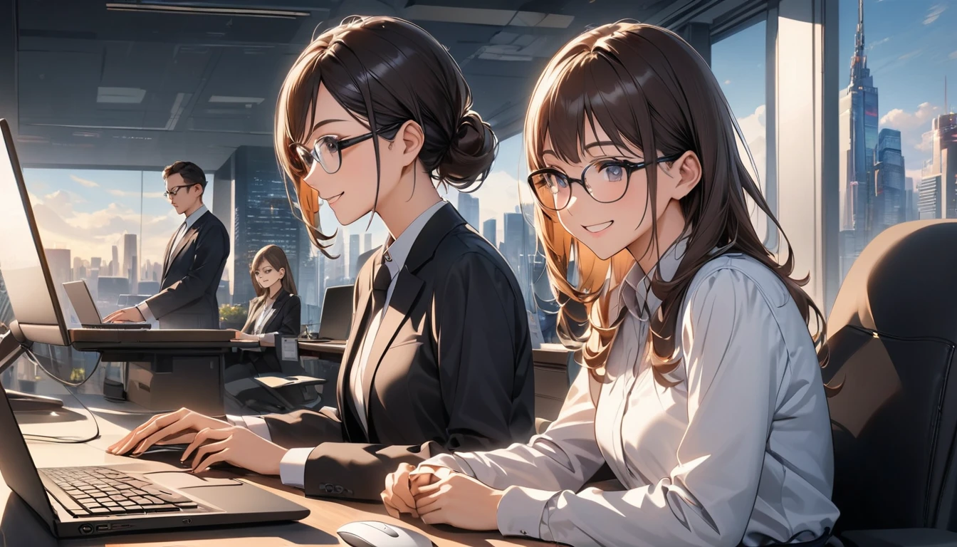 Office workers working on a computer,Portraiture,Professional,Wearing a smart suit,Stylish glasses,Typing on a sleek laptop,Use a wireless mouse,Sitting at a modern desk,Smile confidently,City skyline in the background,Soft natural light,High resolution,High resolution,Very detailed.