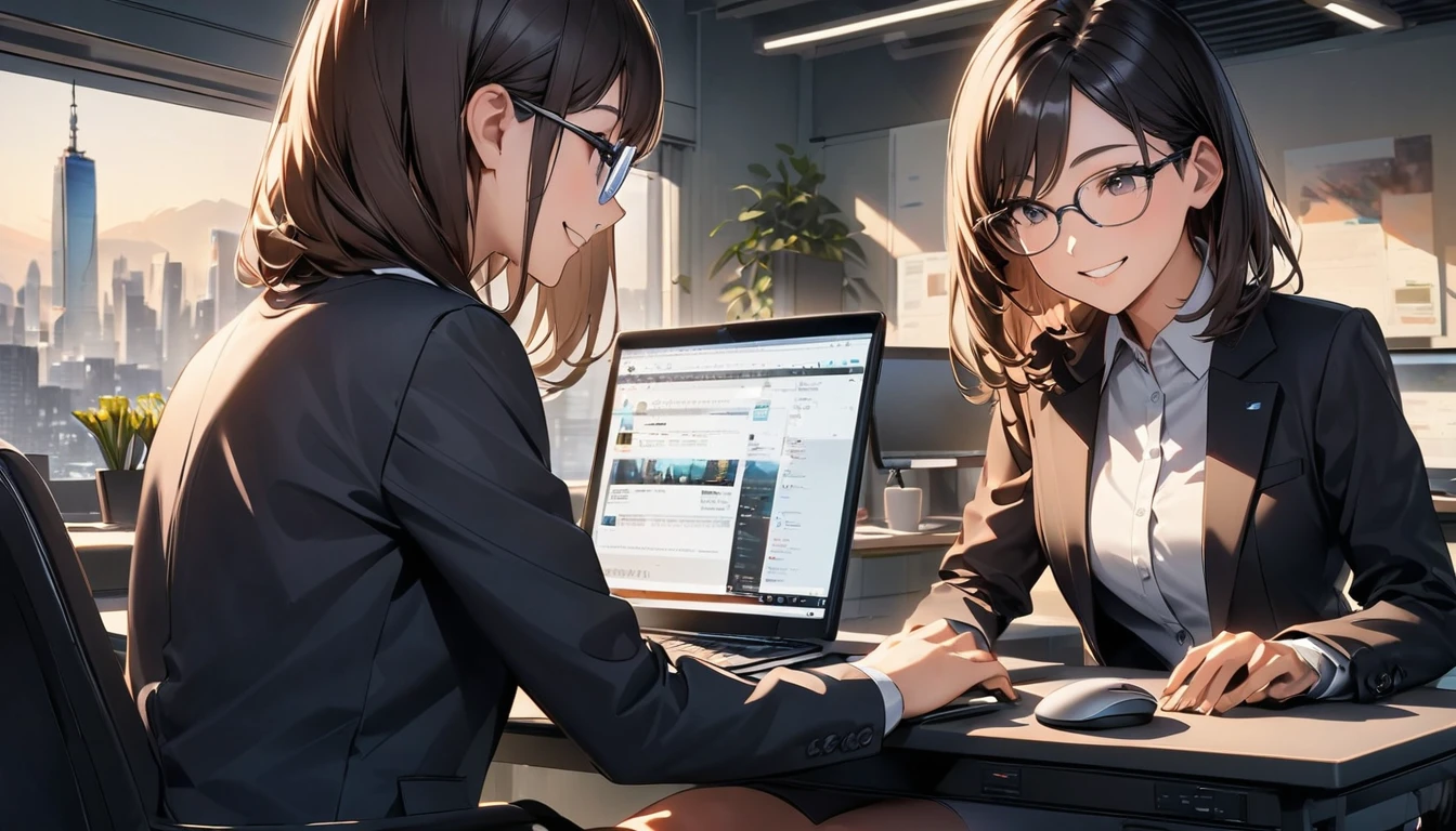 Office workers working on a computer,Portraiture,Professional,Wearing a smart suit,Stylish glasses,Typing on a sleek laptop,Use a wireless mouse,Sitting at a modern desk,Smile confidently,City skyline in the background,Soft natural light,High resolution,High resolution,Very detailed.