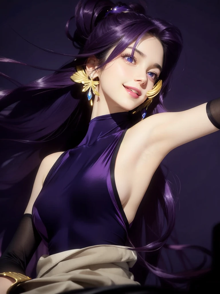 best quality, masterpiece, real life, realistic picture, 8K, image brightness : 65, image contrast : 45, soft color quality, soft skin, a beautiful , cute face, long purple hair, flowing hair, beautiful purple eyes, pink lips, smiling, happy expression, purple sleeveless halter top, big breasts, 1 arm is raised, showing smooth armpits