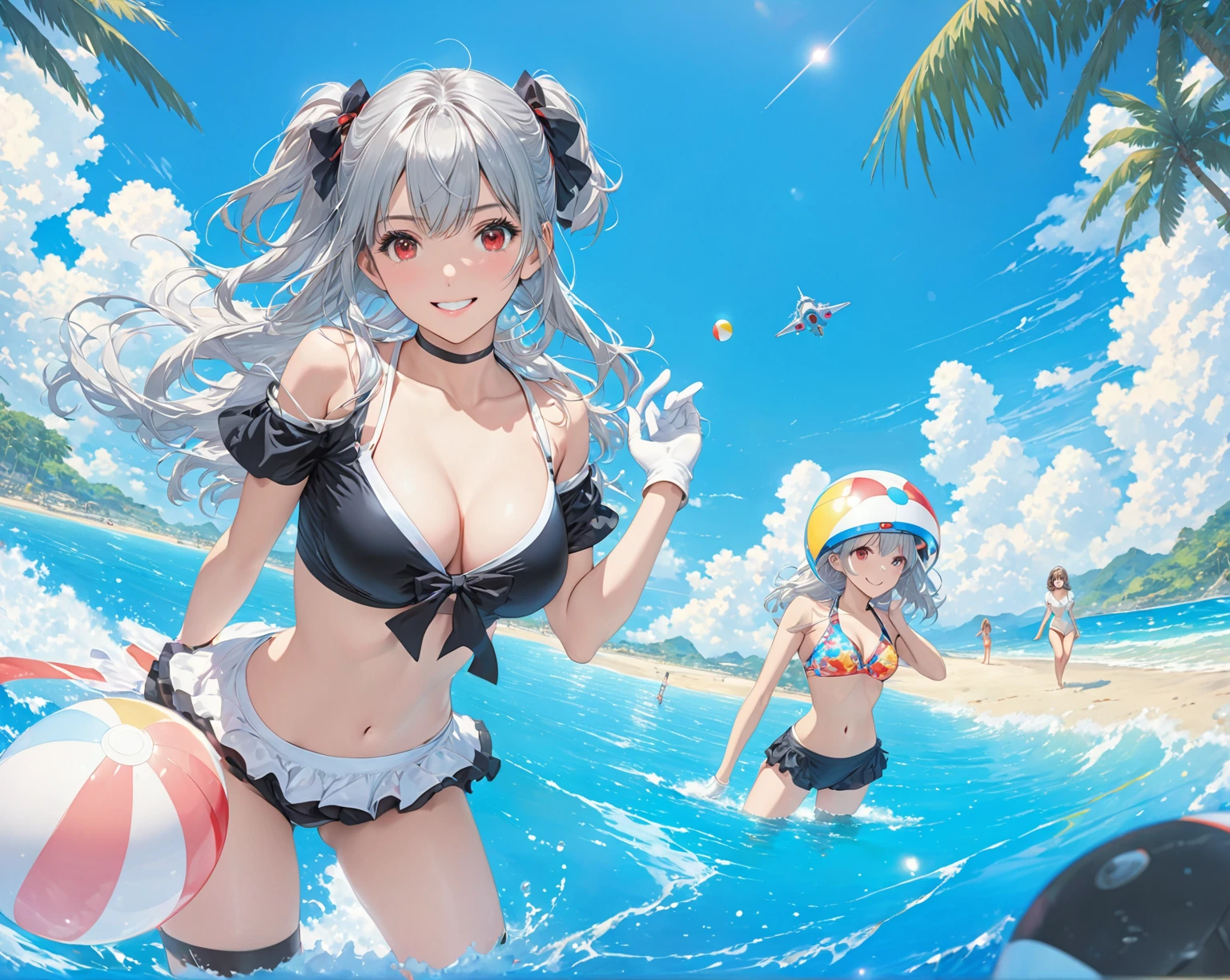 Ocean、Silver-haired, red-eyed girl、Swimwear、Two girls playing beach ball in the background、2d, masterpiece, best quality, anime, highly detailed face, highly detailed eyes, highly detailed background, perfect lighting, 1girl, solo, collared dress, short dress, short sleeves, blue jacket, black thighhighs, detached hair, long hair, necktie, headgear, white gloves, elbow gloves, hips, smile, standing, spacecraft interior