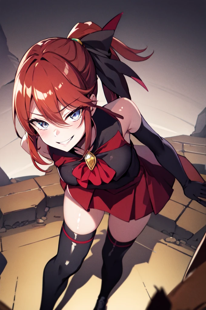 Red haired anime girl, red eyes, twintails, large breasts, thick thighs, black shirt, black and red jacket, black skirt, glare, yelling, open mouth, crazy, flipping off, middle finger, looking at viewer, leaning over, hand on hip, angry