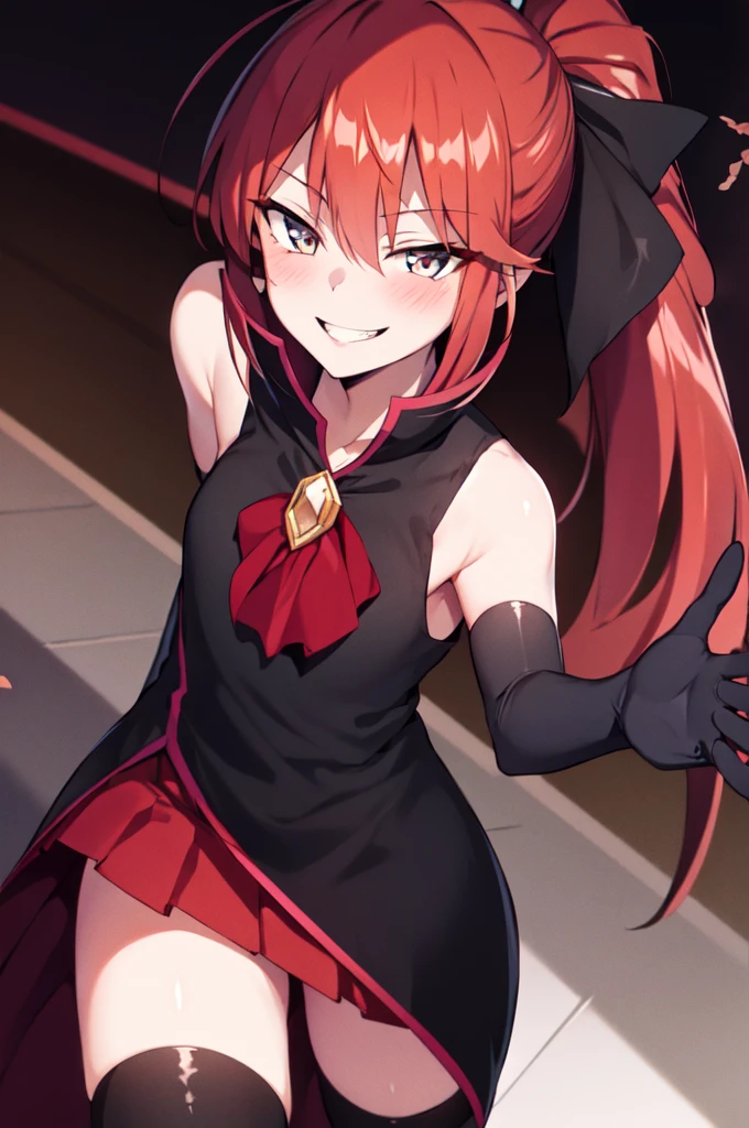 Highest quality, masterpiece, One Girl,Not beautiful, Red Ponytail, Long dress, brooch, Hair Ribbon, Black knee socks, Standing on the rubble, (Wicked Smile:1.1), ,,Dark shadowed face,Sadistic smile,Malice,Contempt,smile,latex,Bad face,,Red Skirt,two hands,Two legs,five fingers,evil background,elbow gloves,latex, Wicked Smile, devilish aura (Shiny fabric:1.5),Dark world background,独奏,