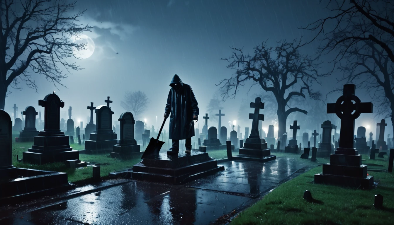 Scary horror image of a cemetery with a Gravedigger on a rainy night, PICTURE REALISTIC, high resolution, 8k 