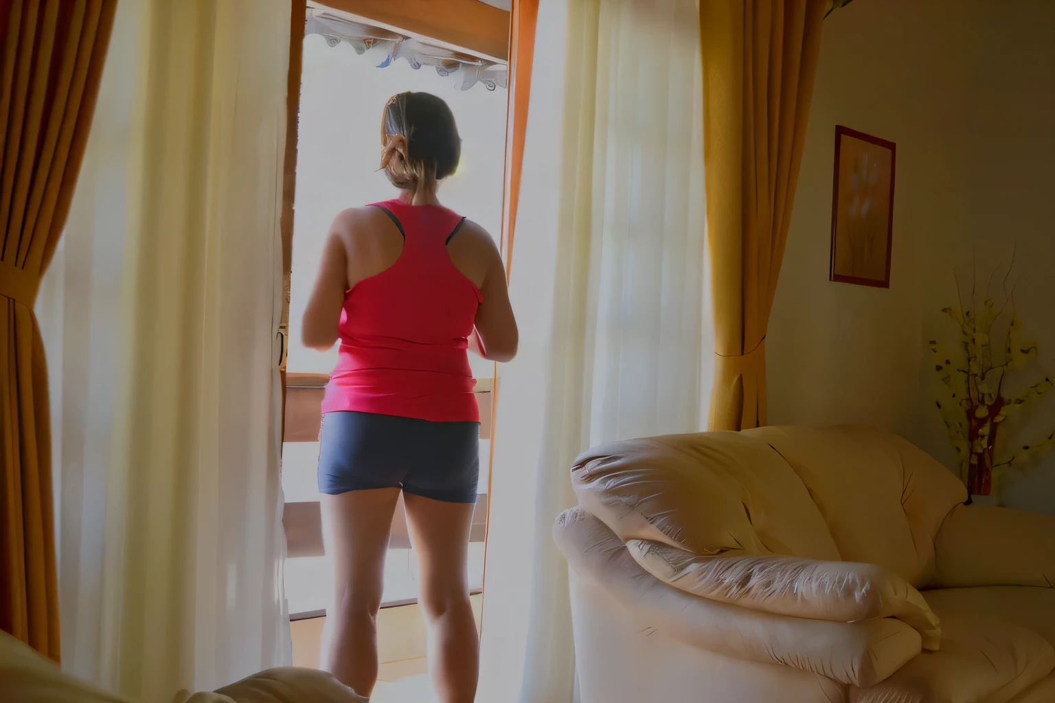 woman standing in front of a sliding glass door looking out, looking outside, standing near a window, back - shot, side shot, looking out, looking out window, back shot, looking out the window, looking out of the window, looking out open window, looking in the window, rear-shot, looking out a window, from the back, window open
