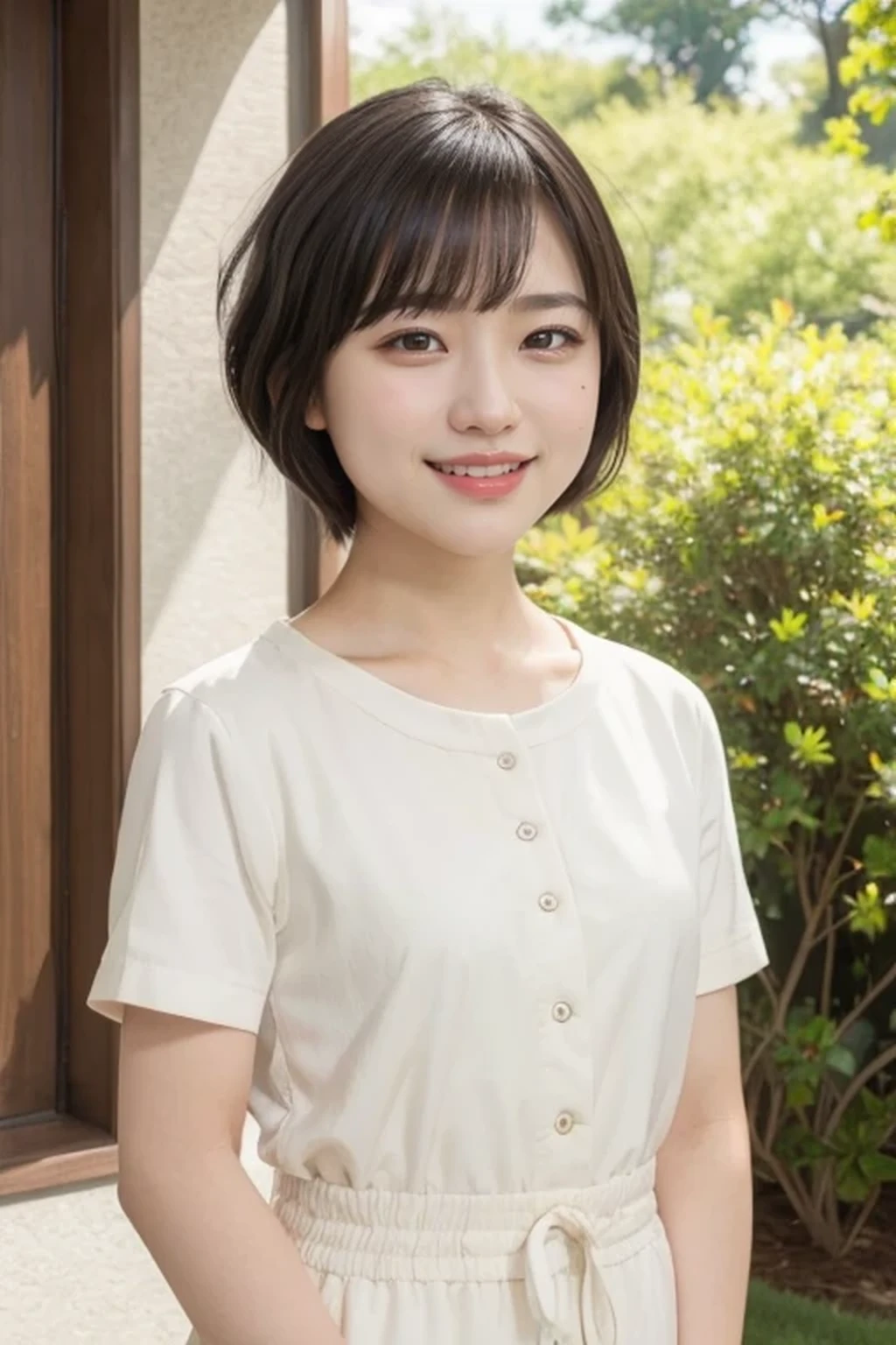 (natural lighting:1.3), 8k, RAW photo, best quality, masterpiece, realistic, photo-realistic, clear, beautiful face, no makeup, best quality, ultra high res, BREAK, Japanese cute girl, 14 years old, (short cut hair:1.2), smile, standing