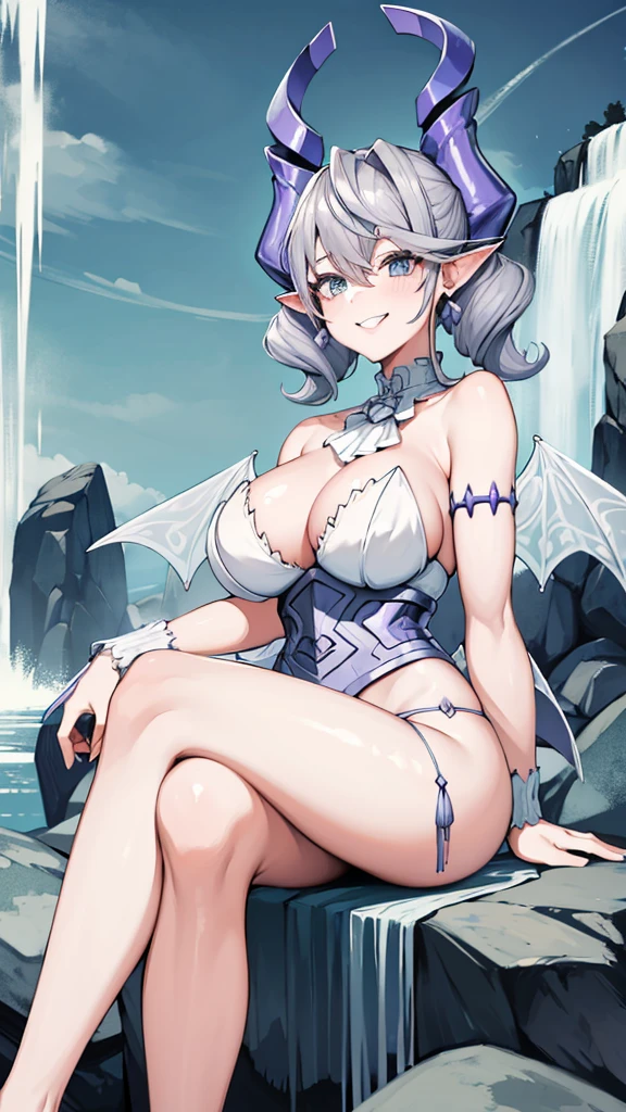 Waterfalls  High level image quality　best image quality　8K　 adult woman   garden rocks outside  more colors   whole body view　portrait　wearing bikini   　white horn    ears  　short hair（（shortcut）（gray hair）（perm）（fluffy））　eye color is blue ,  , 　attractive evil face , smile   ,  sexy pose   ,  labrynth ,  barearm    , wearing pink , big wings    , sitting    , crossed legs