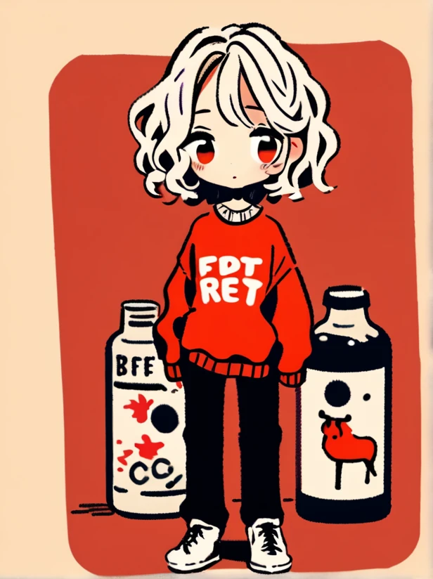masterpiece, best quality,
cute doodle, 1girl, shoes, black pants,  solo, pants, red eyes, sweater, white footwear, bottle, white hair, long sleeves, short hair, blush, full body, medium hair, cup, simple background, braid, jewelry, standing, limited palette, bangs, shirt
