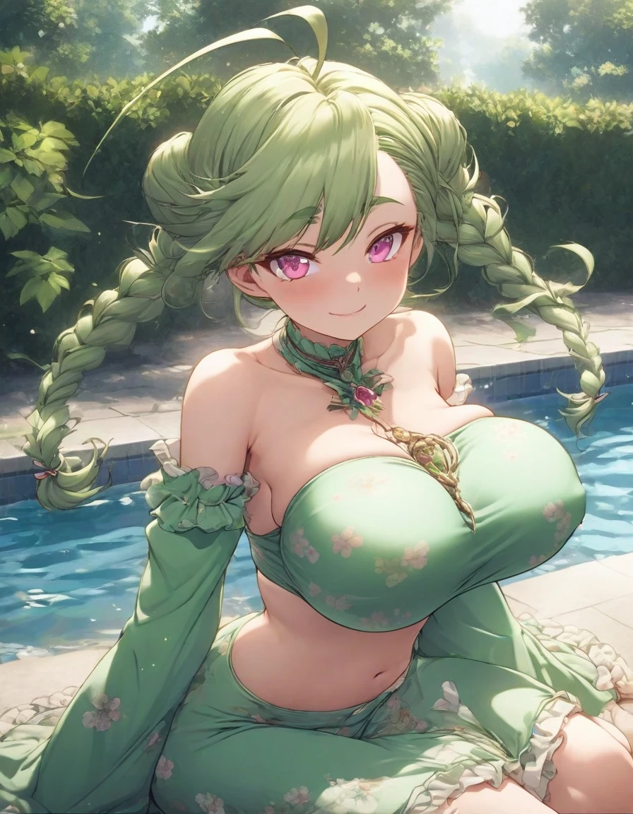 sitting,from side,full body,dynamic angle,(green bikini:1.25),snap shot,,,outdoor,,{{,game CG,high quality game CG},(1girl:1.25),{{masterpiece}}, {{{best quality}}}, {{ultra-detailed}},{{illustration}},,,,frills,frilled sleeves,frilled skirt,thick eyebrows,,,(21 years old:1.25),{{{brooch}}},medium hair, wavy hair, asymmetrical bangs,(twin braids:1.2),Bun hair,、 (green hair:1.1), , huge ahoge, light smile, thick_eyebrows, bare_shoulders,,(gigantic breasts:0.8), (pink eyes:1.25), flower, elbow_gloves,sleeves_past_wrists, obi,navel, skindentation, strapless, floral_print, ,,long sleeves, wide sleeves, japanese sleeves,,pool,poolside,covered breasts,slit on breasts,(hand on cheek:1.3),(breasts queeze:1.3),