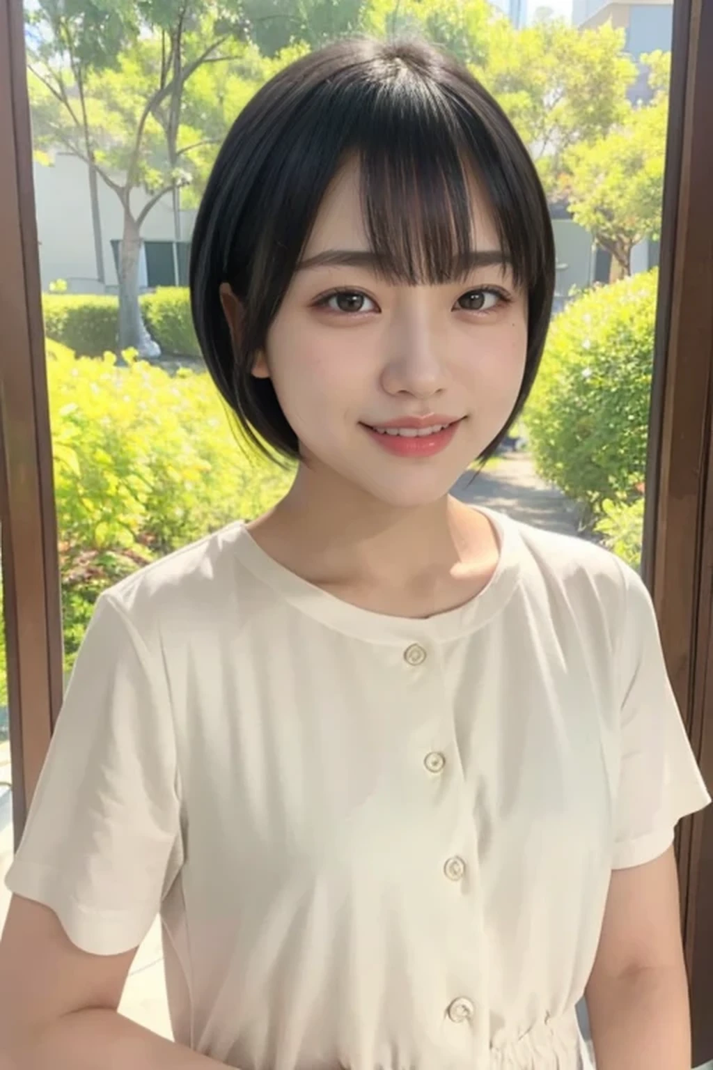 (natural lighting:1.3), 8k, RAW photo, best quality, masterpiece, realistic, photo-realistic, clear, beautiful face, no makeup, best quality, ultra high res, BREAK, Japanese cute girl, 14 years old, (short cut hair:1.2), smile, standing