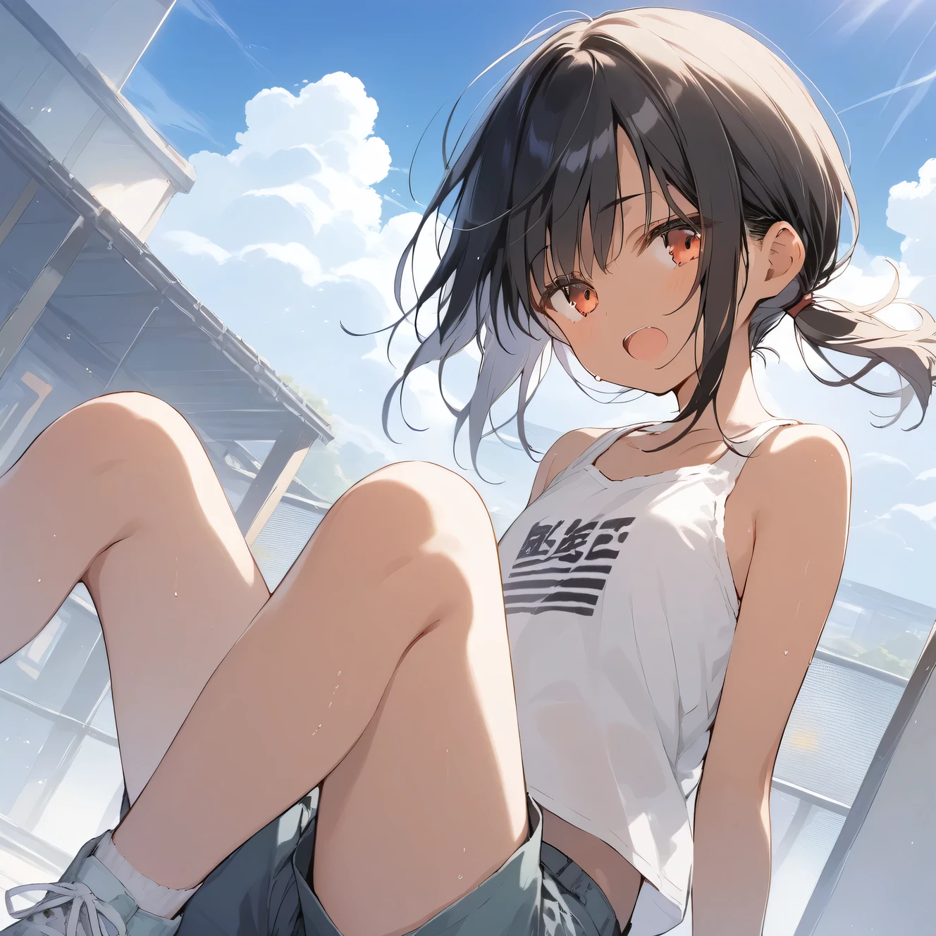 score_9, score_8_up, score_7_up, source_anime, best quality, masterpiece, official art, absurdres, highres, ultra-detailed,waifu2x,Collection: Slice of Life,break,1girl, tomboy, dark-skinned female, short hair, low ponytail, flat chest, beautiful detailed eyes, short shorts, sweat, open mouth, (yawn:0.3), sleepily, outdoors, wind,break,(clear line illustration:1.2), super detailed skin,very high resolution, very aesthetic, Best sexual lighting powered by famous artist, 8k,cute picture,beauty illustration,photoshop_(medium),,(Detailed Lighting),best anime 8k konachan wallpaper, pixiv contest winner, 